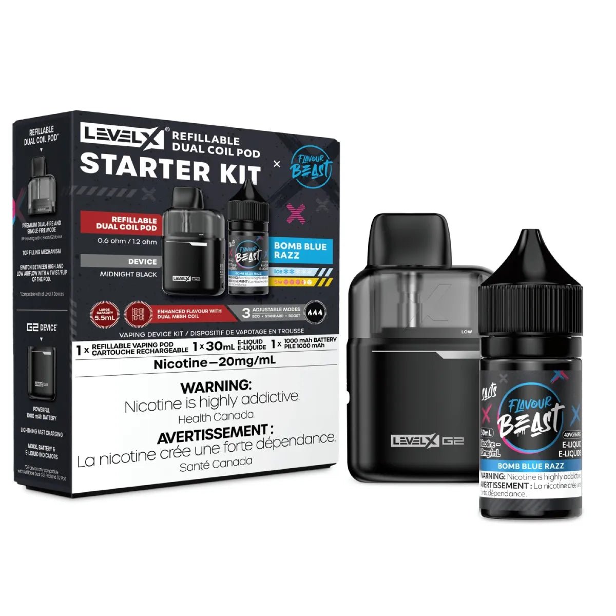 LEVEL X - Level X Refillable Pod Starter Kit - Black G2 Base + 5.5mL Pod + Flavour Beast E - Liquid - Bomb Blue Razz - Psycho Vape