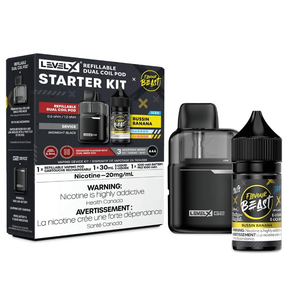 Level X Refillable Pod Starter Kit - Black G2 Base + 5.5mL Pod + Flavour Beast E-Liquid - Bussin Banana Iced - Psycho Vape Level X Refillable Pod Starter Kit - Black G2 Base + 5.5mL Pod + Flavour Beast E-Liquid - Bussin Banana Iced - Psycho Vape