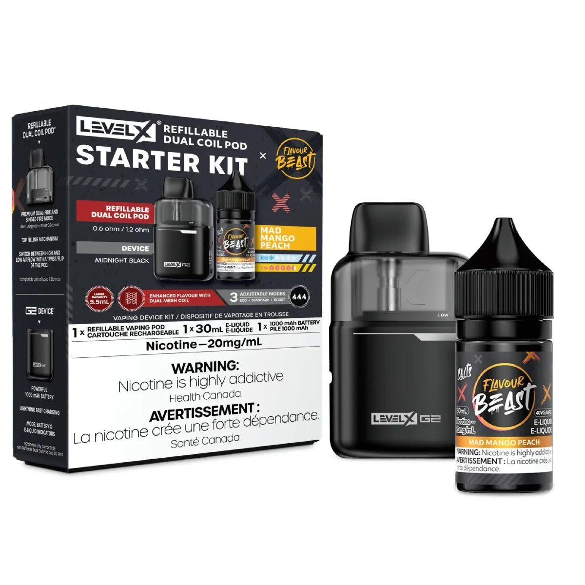 LEVEL X - Level X Refillable Pod Starter Kit - Black G2 Base + 5.5mL Pod + Flavour Beast E - Liquid - Mad Mango Peach - Psycho Vape